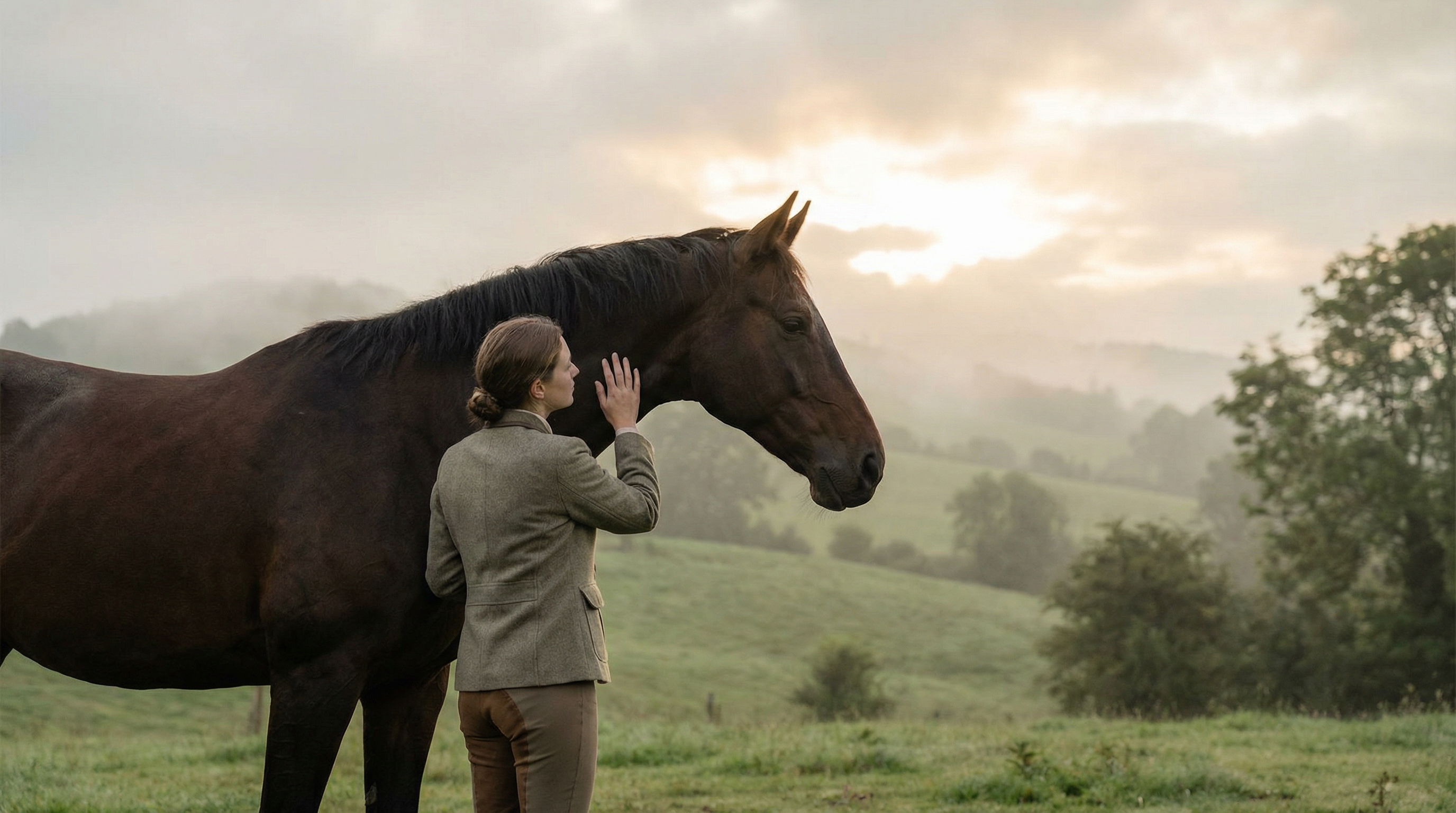 Person connecting with horse in misty pasture